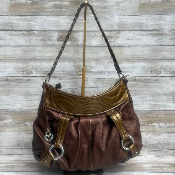 Brighton Handbags - Brighton Purse Hobo Shoulder Bag Bronze Gold Metallic Leather Braided Strap
